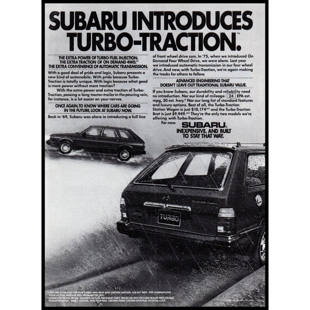 1984 Subaru Station Wagon Turbo Vintage Print Ad Rain Traction 4wd Wall Art